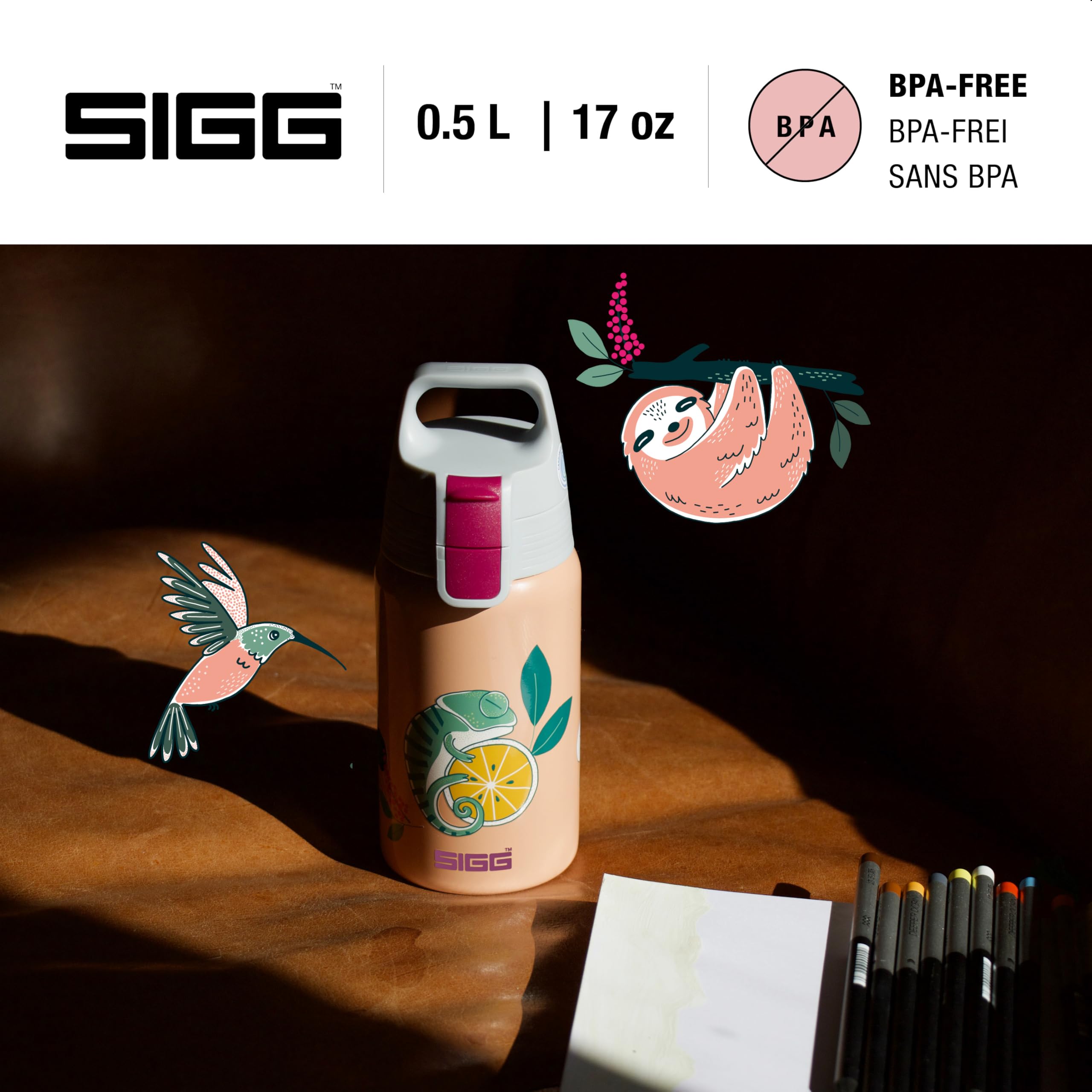 SIGG - Kids Water Bottle - Shield ONE Flora - Leakproof - Lightweight - BPA Free - Stainless Steel - Pink With Chameleon - 17 Oz